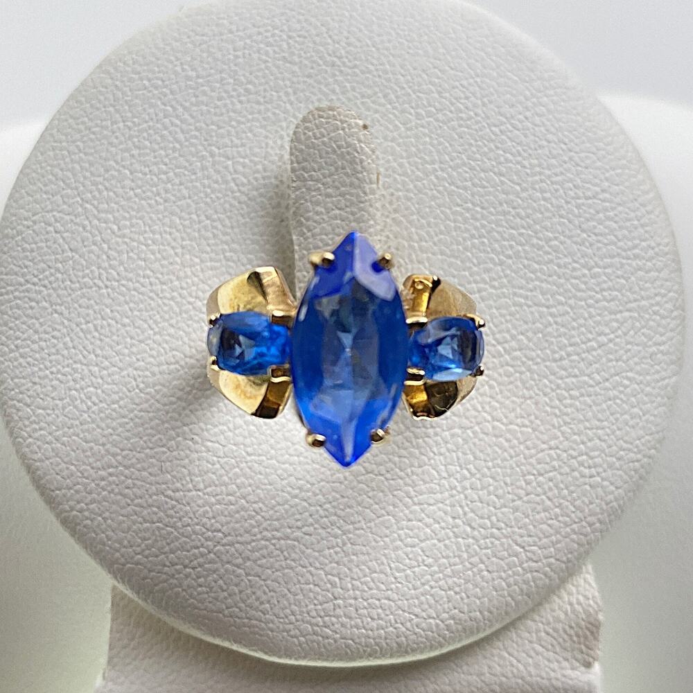 10K Gold Tanzanite Ring Marquise Center 3 Stone Statement Size 6 - Picture 6 of 14